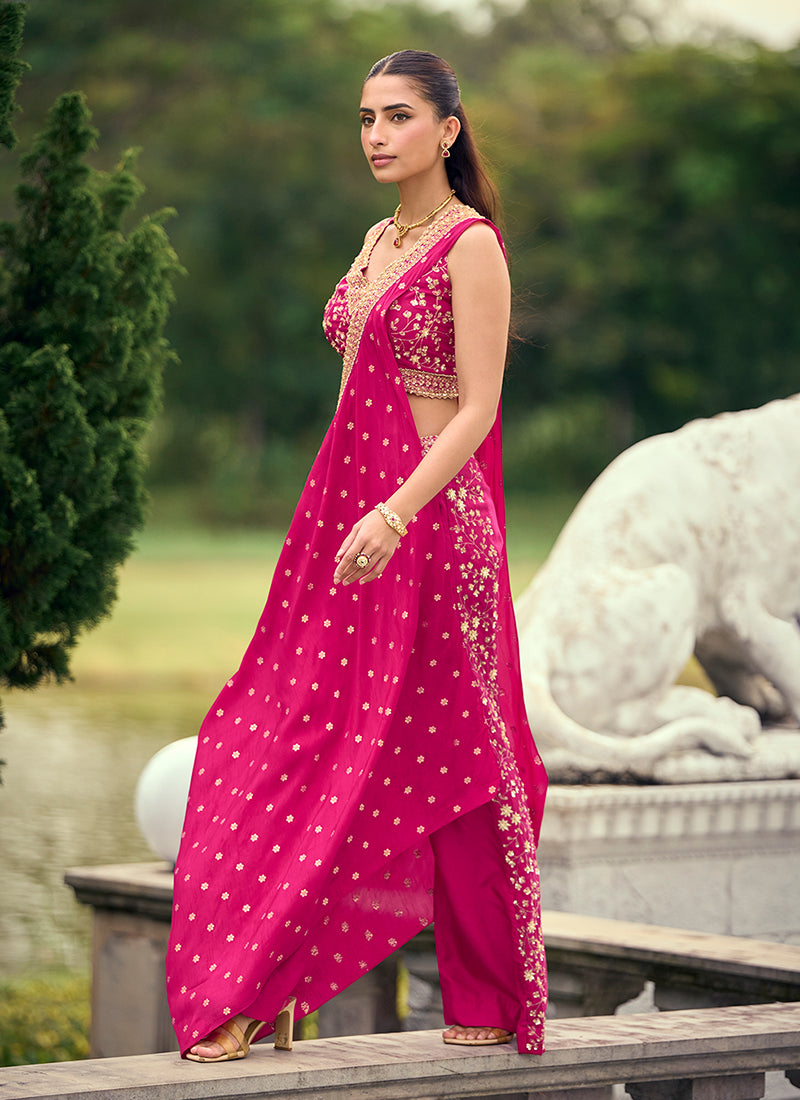 Shop Magenta Jacquard Silk Palazzo Suit Online At Hatkay