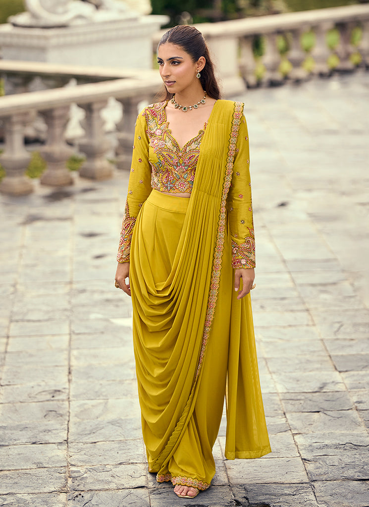 Yellow Embroidered Saree Style Drape Skirt Set