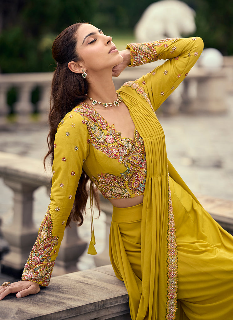 Shop Yellow Saree Style Drape Skirt Set In UAE