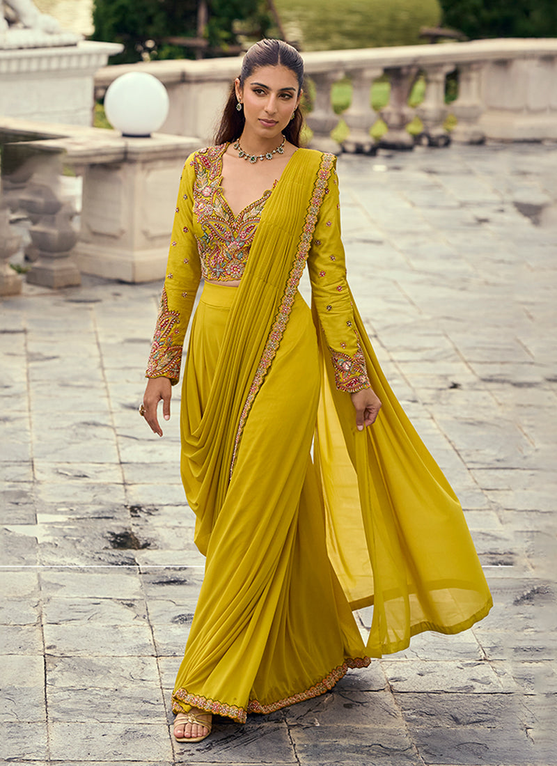 Buy Yellow Sari Style Drape Skirt Set Online At Hatkay