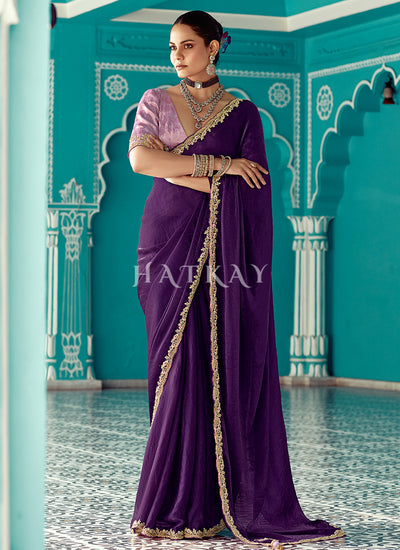 Purple And Pink Embroidered Designer Saree