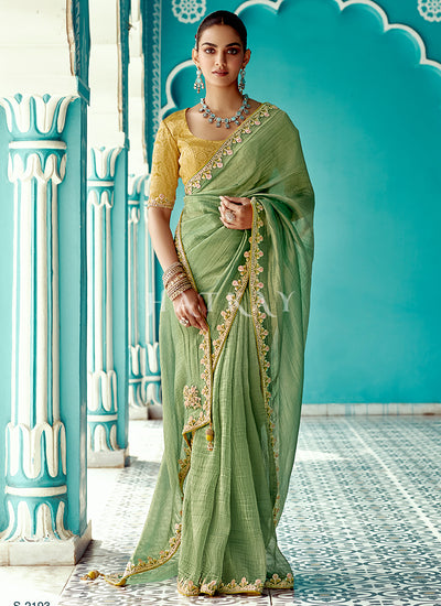Green And Yellow Embroidered Designer Saree