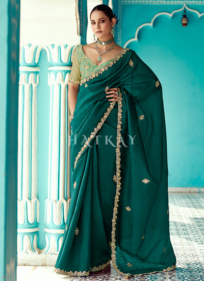 Green Two Tone Embroidered Designer Saree