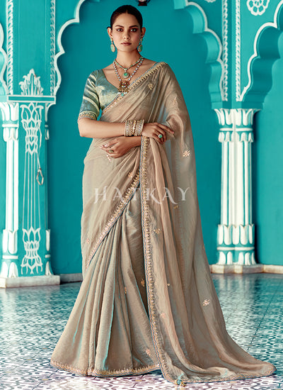 Beige And Teal Embroidered Designer Saree