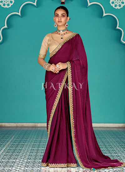 Wine And Beige Embroidered Designer Saree