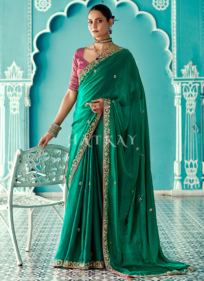 Green And Pink Embroidered Designer Saree
