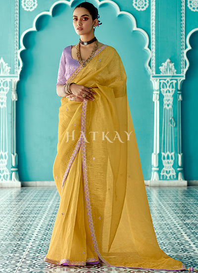 Yellow And Lavender Embroidered Designer Saree