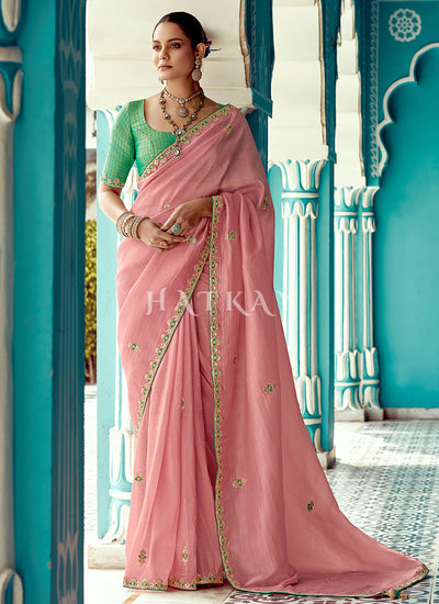 Pink And Green Embroidered Designer Saree