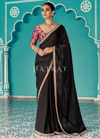 Black And Magenta Embroidered Designer Saree