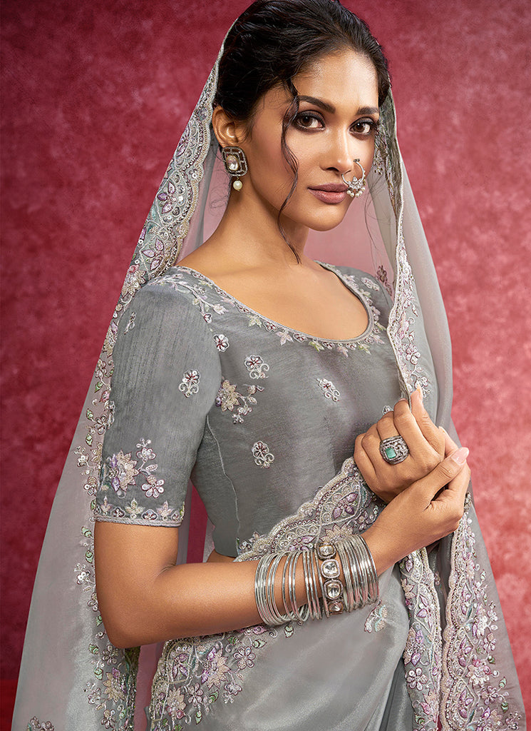 Buy Grey Latest Indian Designer Saree - HATKAY