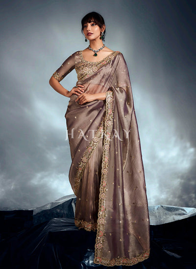 Buy Copper Brown Designer Silk Saree