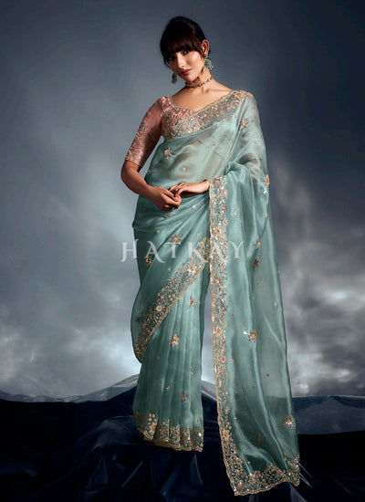 Firozi Blue Designer Silk Saree