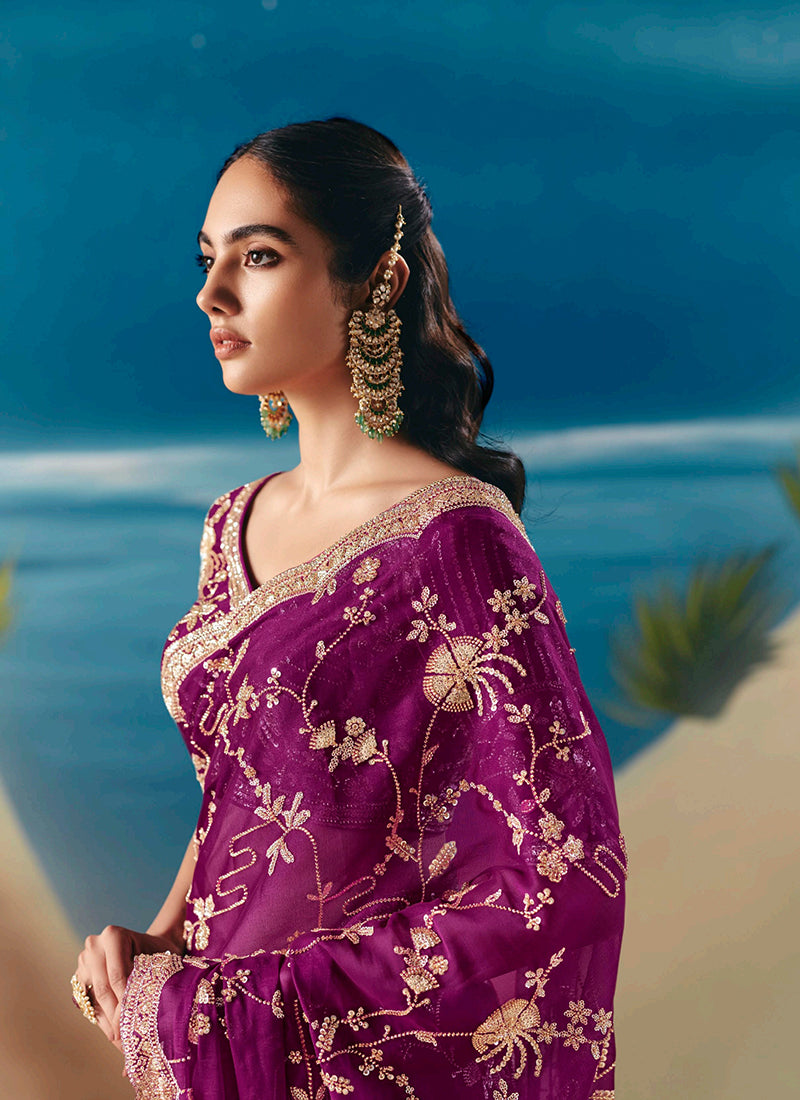 Purple Partywear Sari At Hatkay