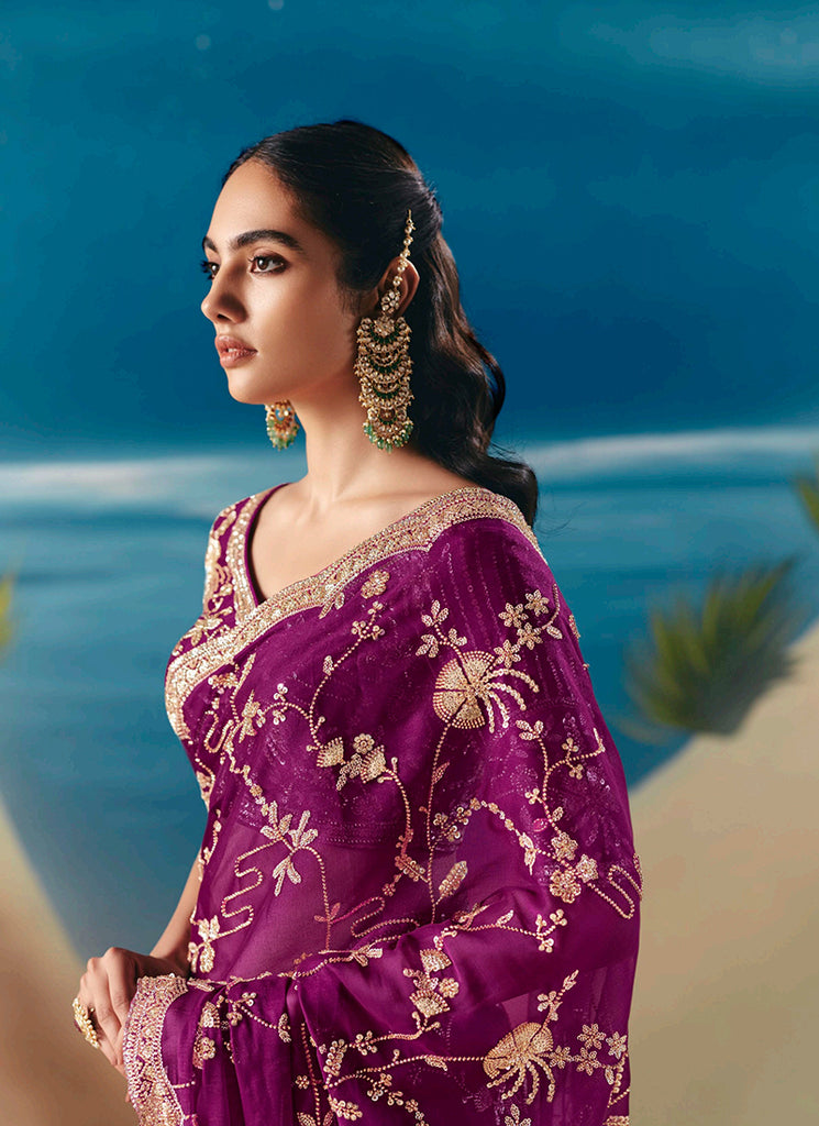 Purple Partywear Sari At Hatkay