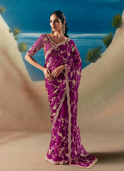 Plum Purple Embroidered Designer Saree