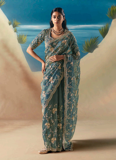 Turquoise Blue Designer Saree