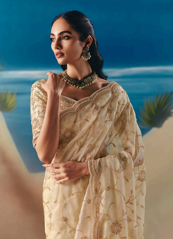 Cream Beige Embroidered Designer Saree