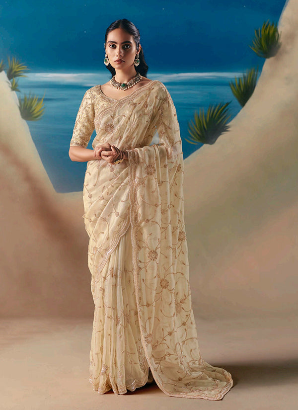 Cream Beige Embroidered Designer Saree