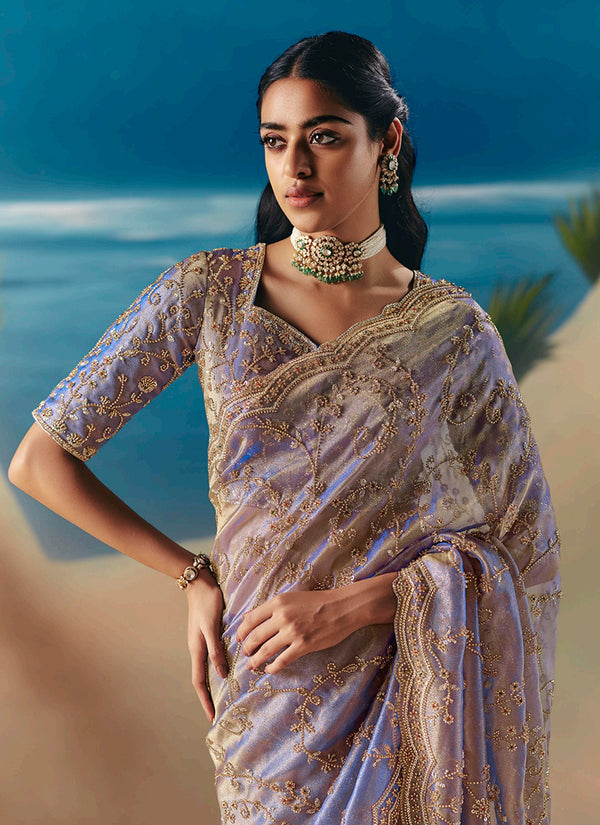 Persian Indigo Embroidered Designer Saree