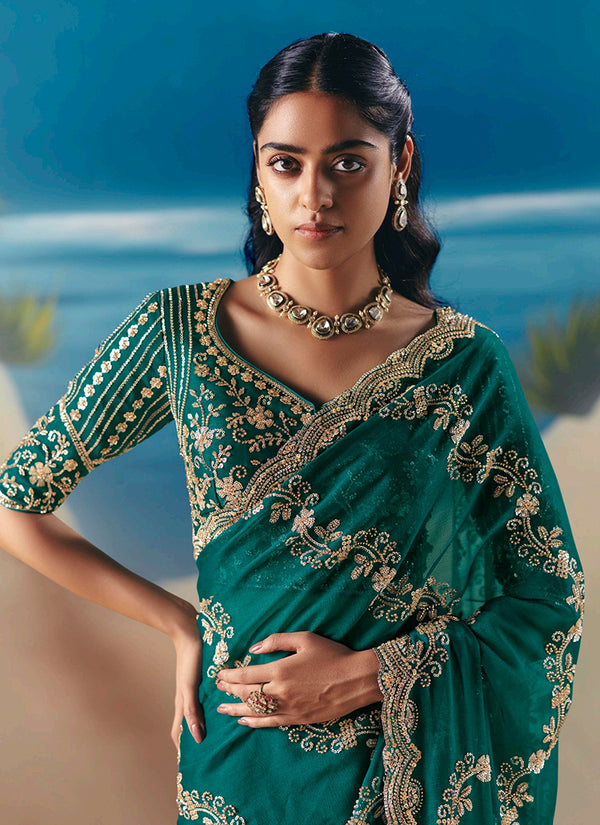 Emerald Green Embroidered Designer Saree