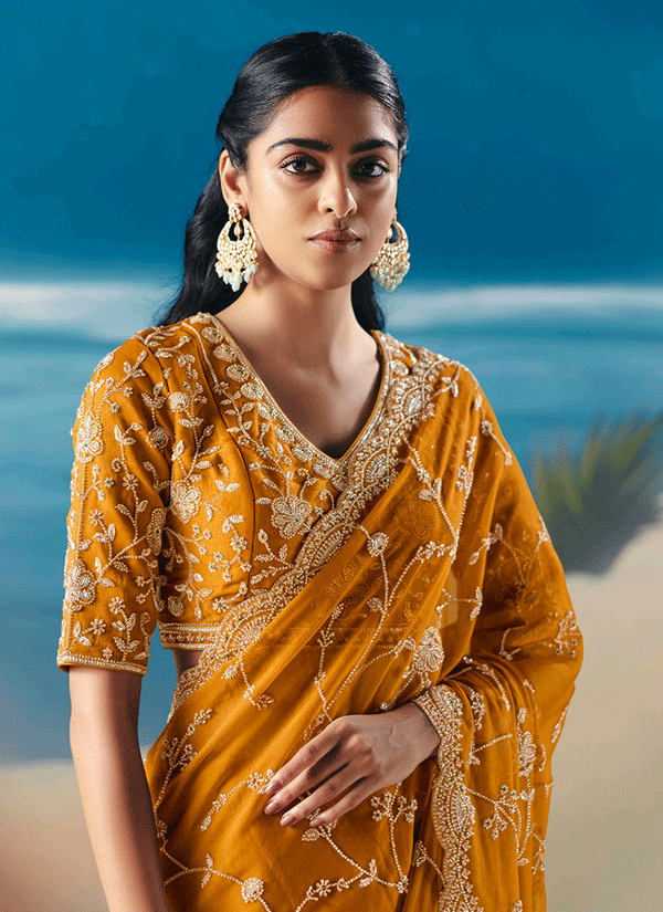 Golden Yellow Embroidered Designer Saree