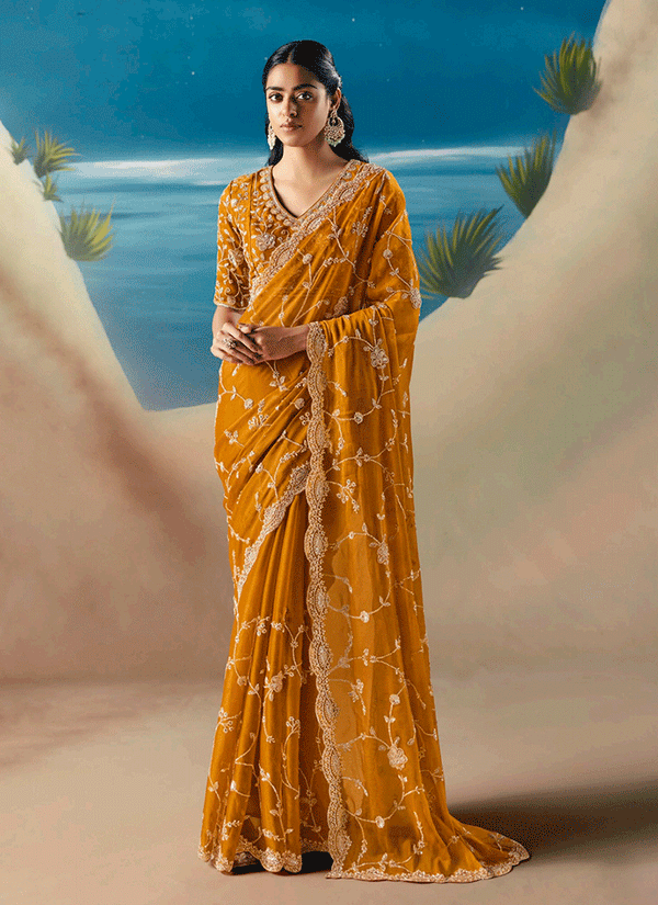 Golden Yellow Embroidered Designer Saree