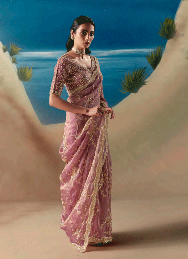 Vivid Pink Embroidered Designer Saree