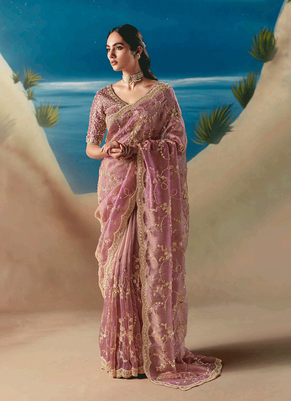 Vivid Pink Embroidered Designer Saree