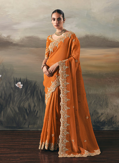 Orange Handwork Embroidery Designer Saree