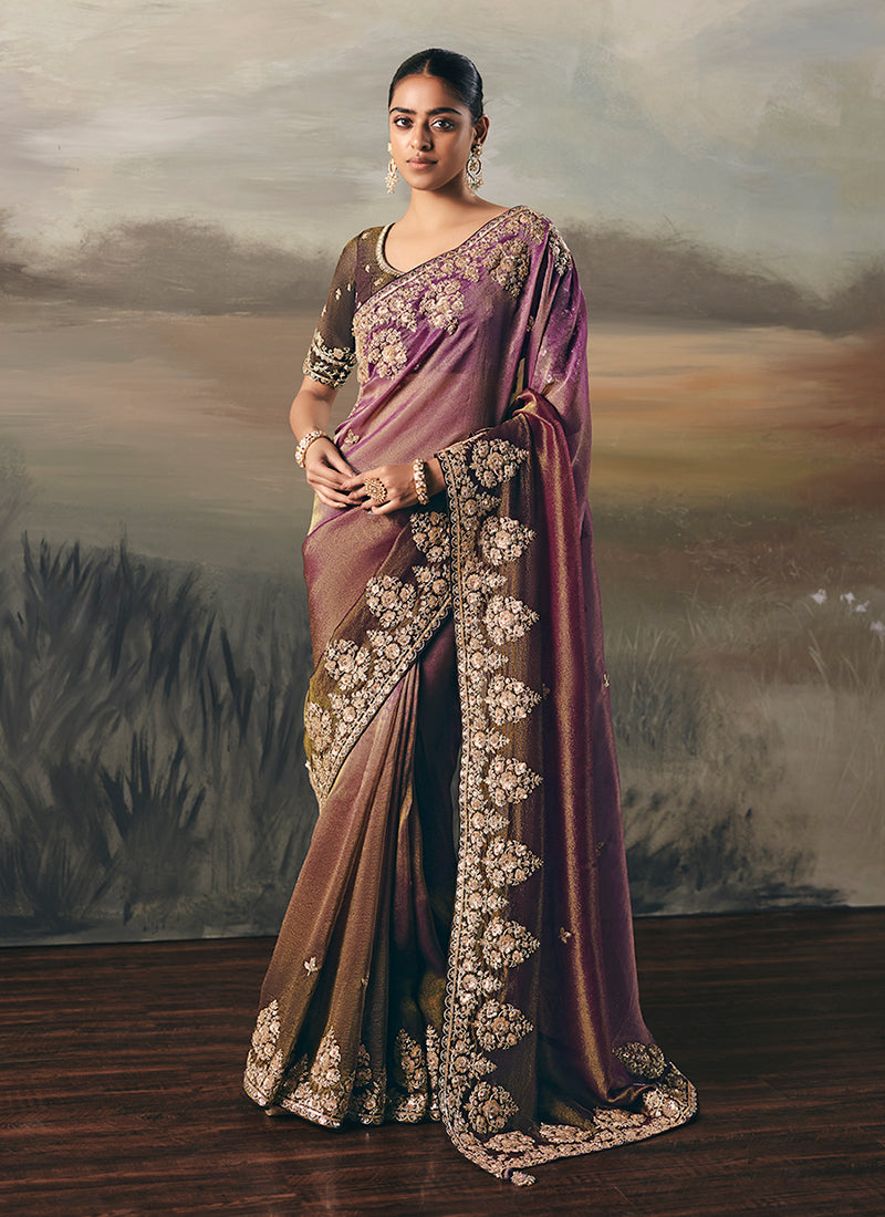 Purple And Brown Handwork Embroidery Designer Saree