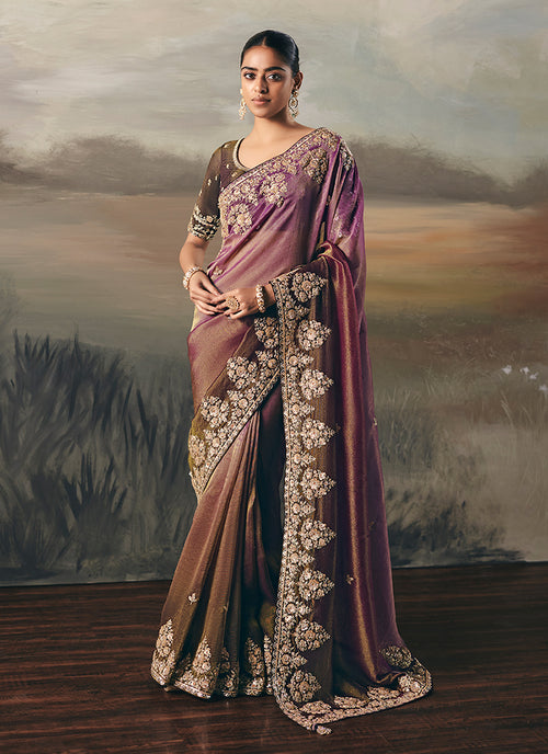 Purple And Brown Handwork Embroidery Designer Saree