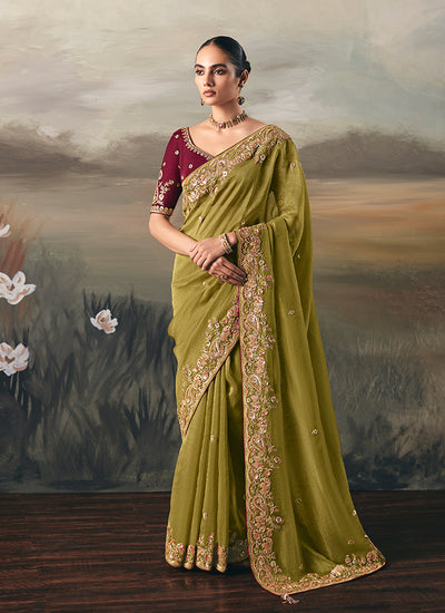Olive Green And Maroon Handwork Embroidery Designer Saree