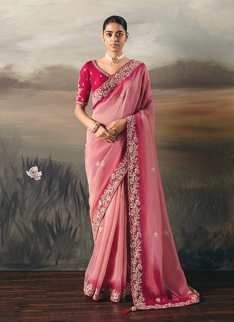 Magenta Pink Handwork Embroidery Designer Saree