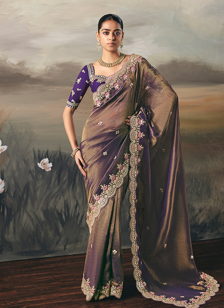 Indigo Purple Handwork Embroidery Designer Saree