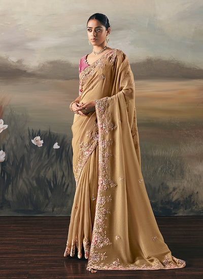 Yellow And Pink Handwork Embroidery Designer Saree