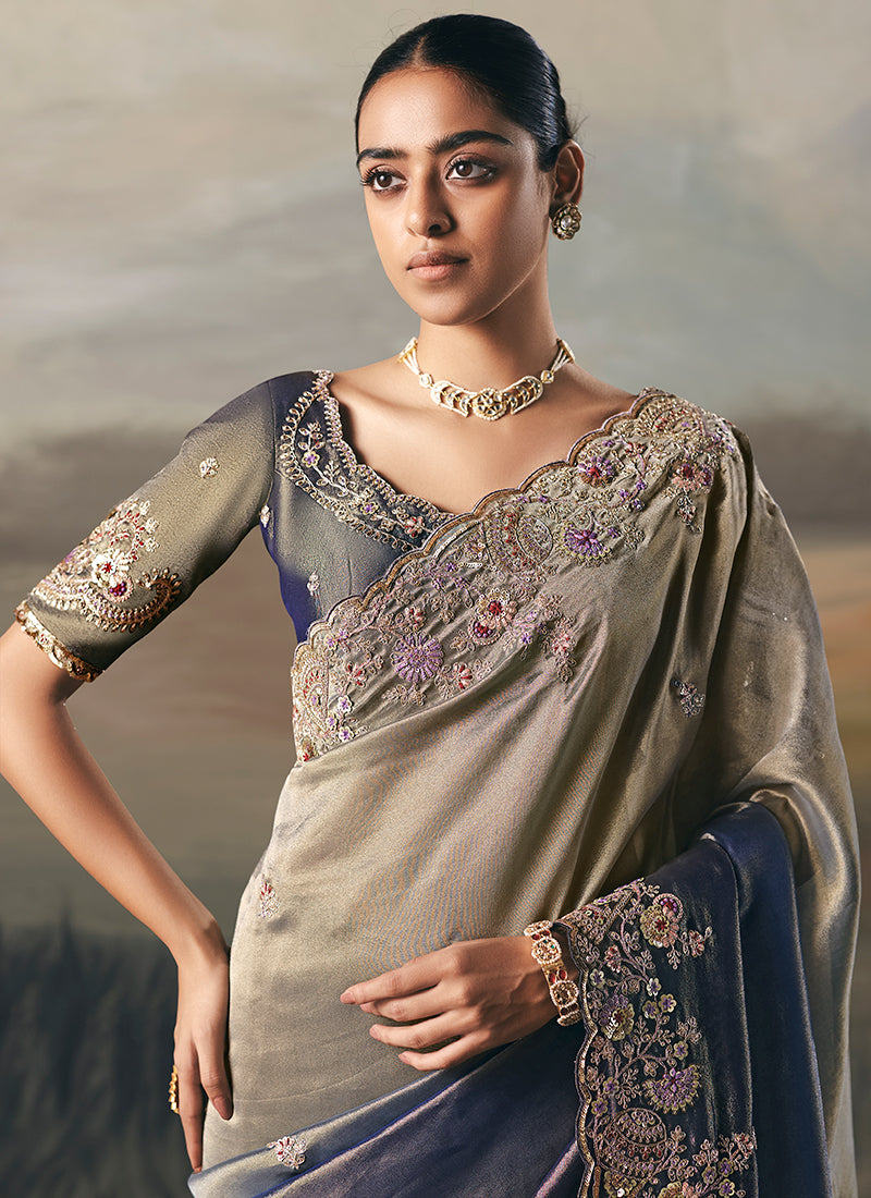 Buy Greyish Blue Bollywood Saree In Austria