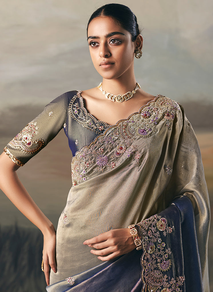 Buy Greyish Blue Bollywood Saree In Austria