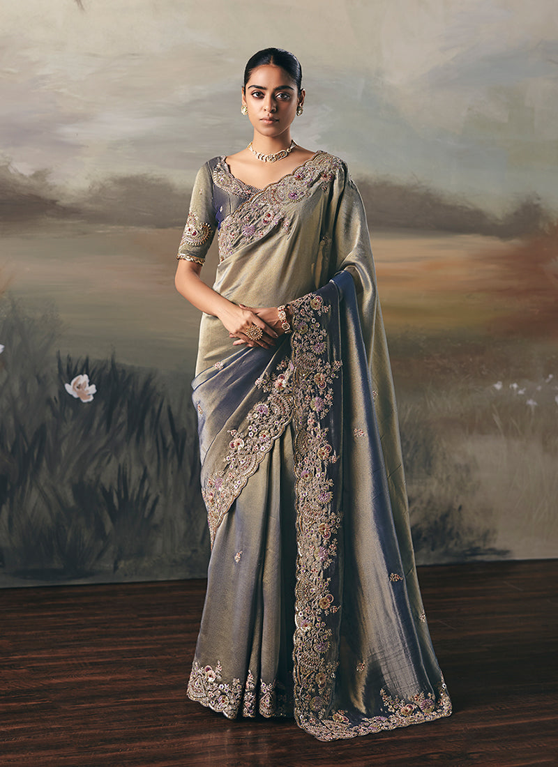 Greyish Blue Handwork Embroidery Designer Saree