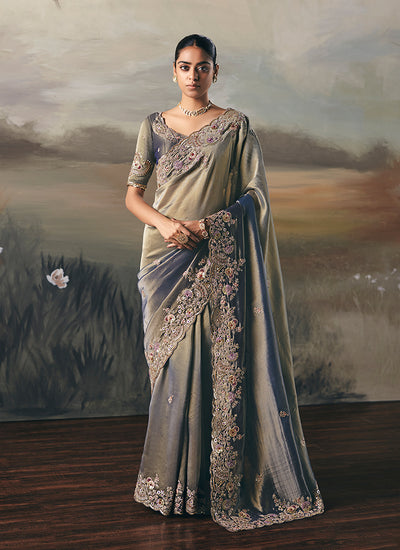 Greyish Blue Handwork Embroidery Designer Saree