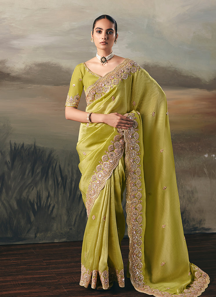 Lime Green Handwork Embroidery Designer Saree