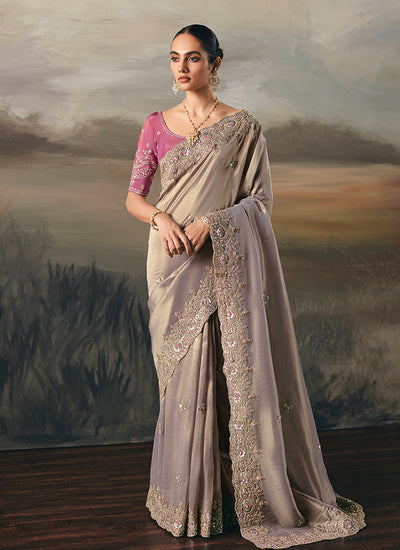 Mauve And Pink Handwork Embroidery Designer Saree