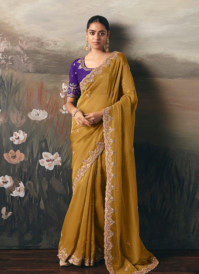 Yellow And Violet Handwork Embroidery Designer Saree