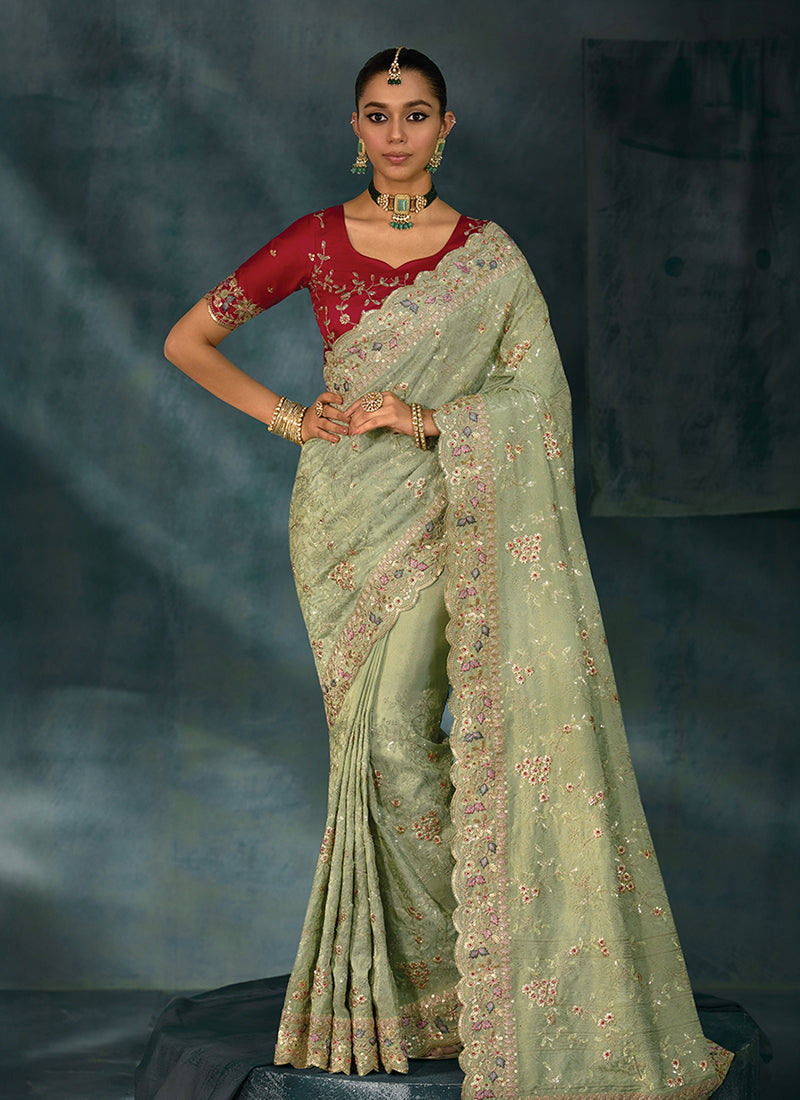 Green And Red Handwork Embroidery Saree