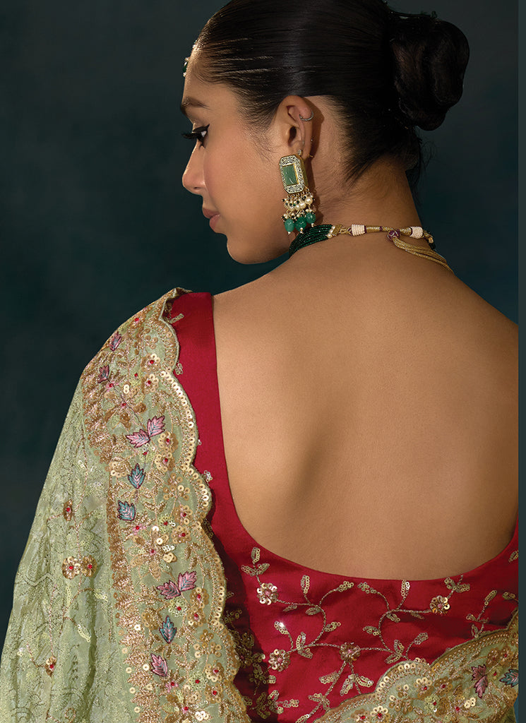 Buy Green And Red Handwork Designer Saree In USA