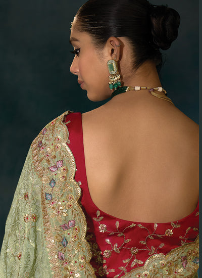 Green And Red Handwork Embroidery Saree