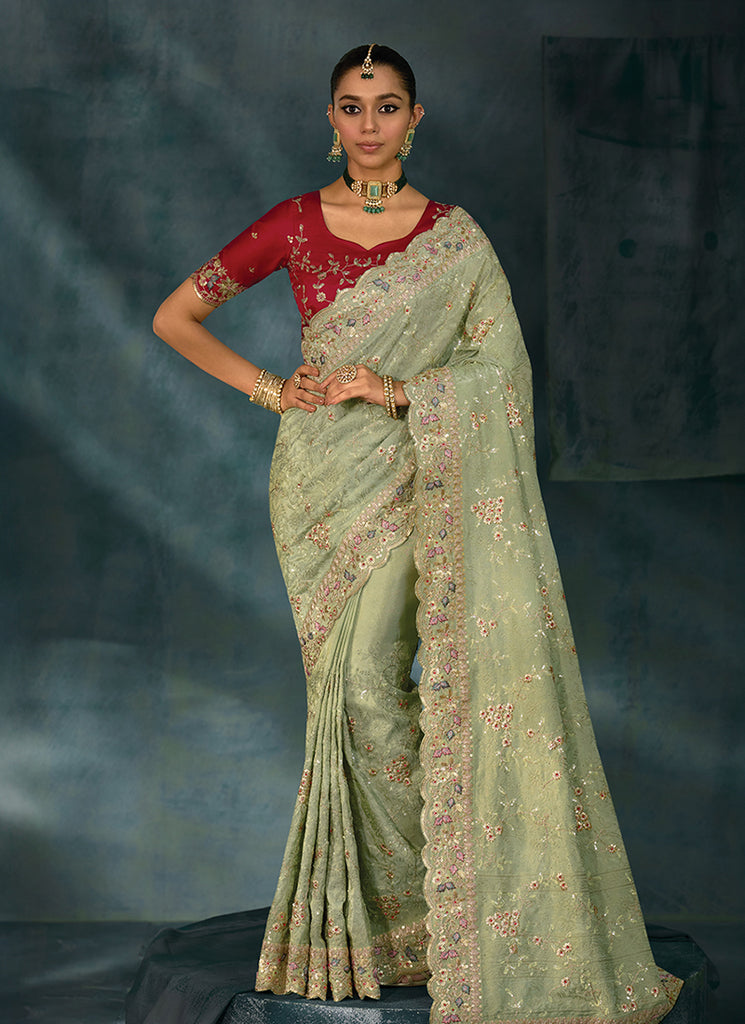 Green And Red Handwork Embroidery Saree