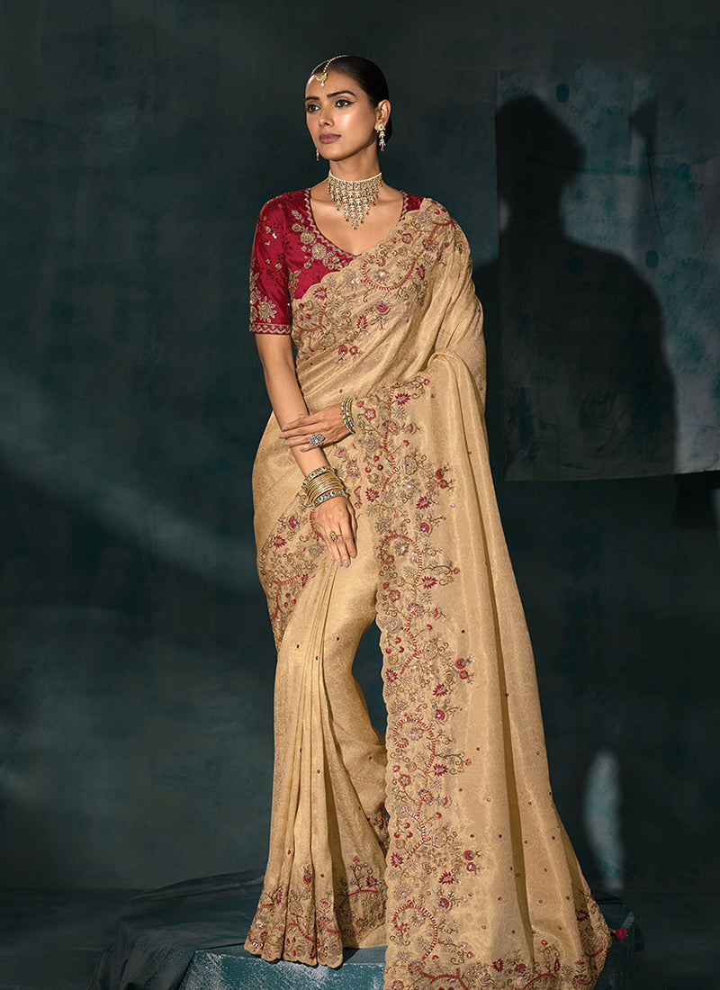 Red And Golden Beige Handwork Embroidery Silk Saree