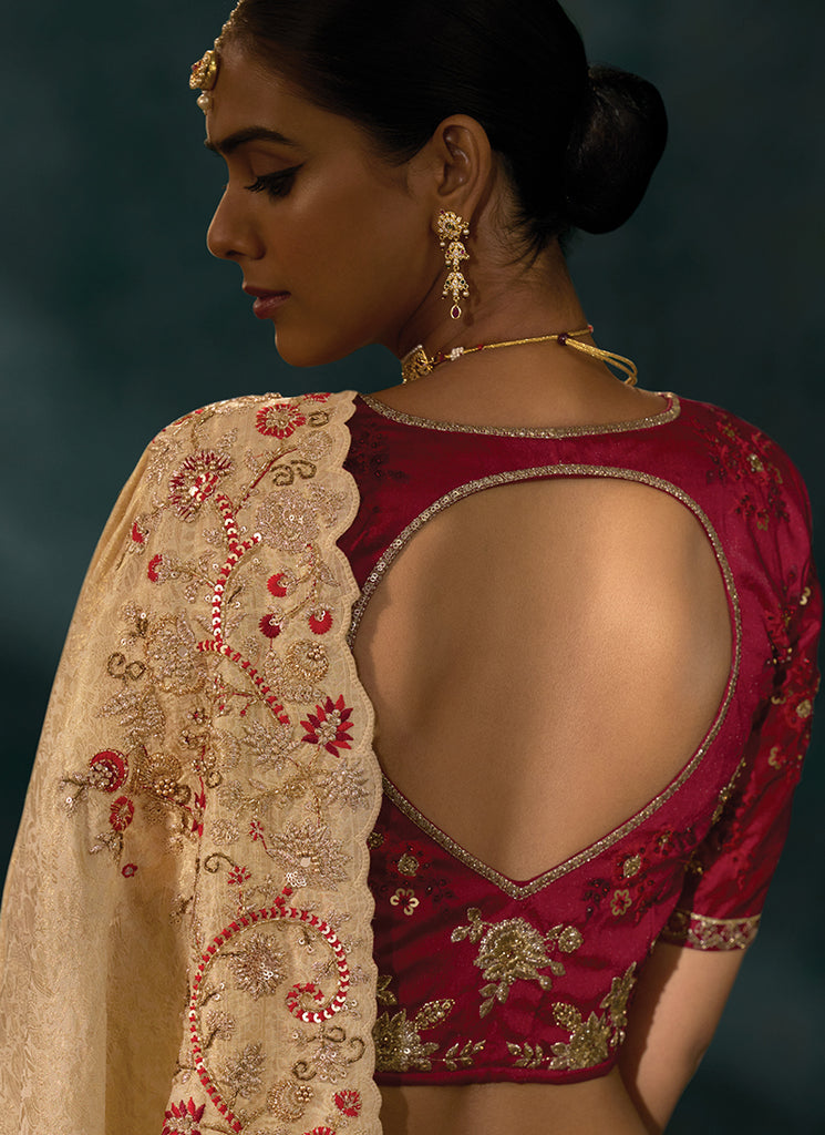 Buy Red And Golden Beige Embroidery Silk Saree In UK