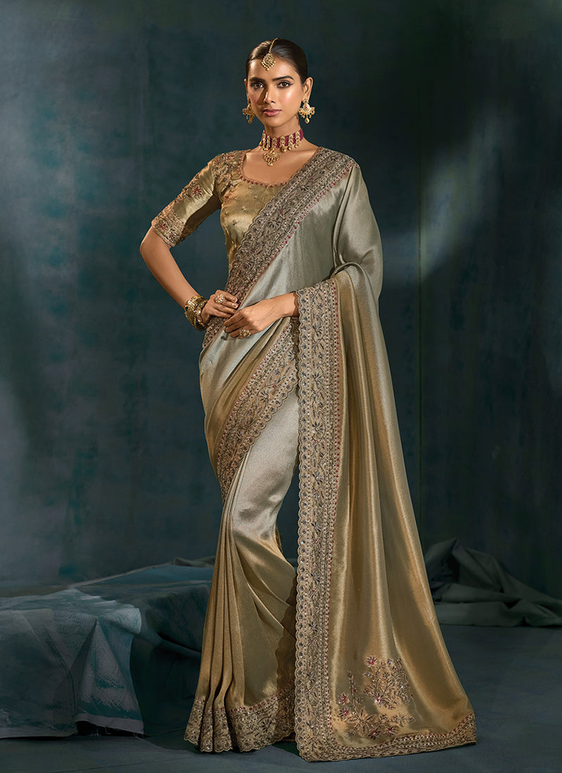 Shimmer Grey Beige Handwork Embroidery Silk Saree