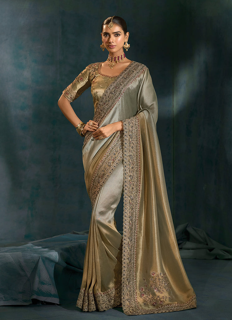 Shimmer Grey Beige Handwork Embroidery Silk Saree